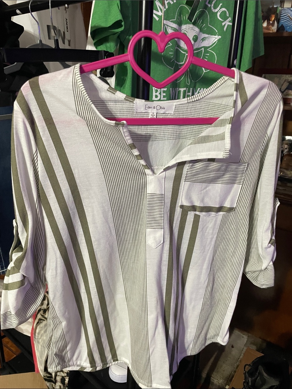 Eden & Olivia Olive and White Striped Henley Blouse